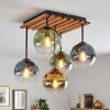 Plafondlamp Koyoto met houten lamellen, 5 glazen bollen voor de eettafel