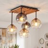 Plafondlamp Koyoto met houten lamellen, 5 amberkleurige bollen boven de eettafel