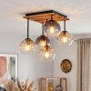 Plafondlamp Koyoto met houten lamellen, 5 amberkleurige bollen boven de eettafel