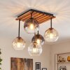 Moderne Cluster-plafondlamp Koyoto met houten lamellenplaat, 5 amber glazen bollen