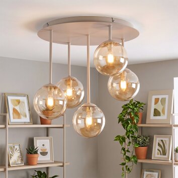 Moderne Cluster-plafondlamp Chehalis met 5 amberkleurige glazen bollen ø 12 cm