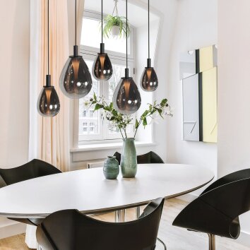 Steinhauer LED hanglamp Glimsy 5 rookglazen druppelkappen, hoogteverstelbaar voor de eettafel