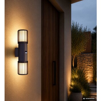 Globo Mervin 2-vlammige langwerpige buitenwandlamp met bewegingssensor, modern