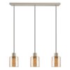 Brilliant keukeneiland-hanglamp Lyska met 3 amberkleurige glazen kappen, lengte 12,5 cm
