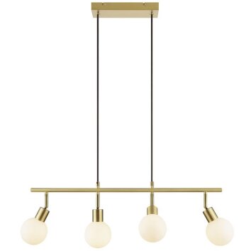 Brilliant lineaire hanglamp Jorge met 4 witte glazen bolkappen, lengte 12,5 cm
