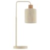 Brilliant Tafellamp Arlo met gebogen arm, beige cilindrische stoffen kap en houten detail