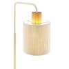 Brilliant Tafellamp Arlo met gebogen arm, beige cilindrische stoffen kap en houten detail