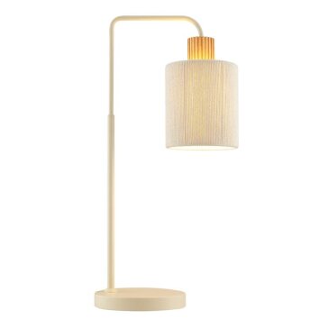 Brilliant Tafellamp Arlo met gebogen arm, beige cilindrische stoffen kap en houten detail
