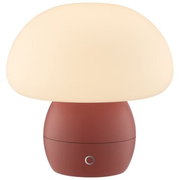 Brilliant LED tafellamp Dupos, paddenstoelvorm, rood met witte kap, 2700 Kelvin warmwit